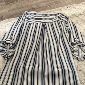Flowy blue and white stripe shirt, 3/4 sleeve with buttons on the sleeve